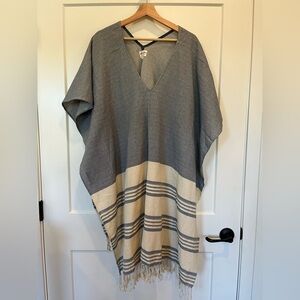 Tribe Alive Caftan Cotton Coverup Poncho Blue One Size OS Tassels Handmade India